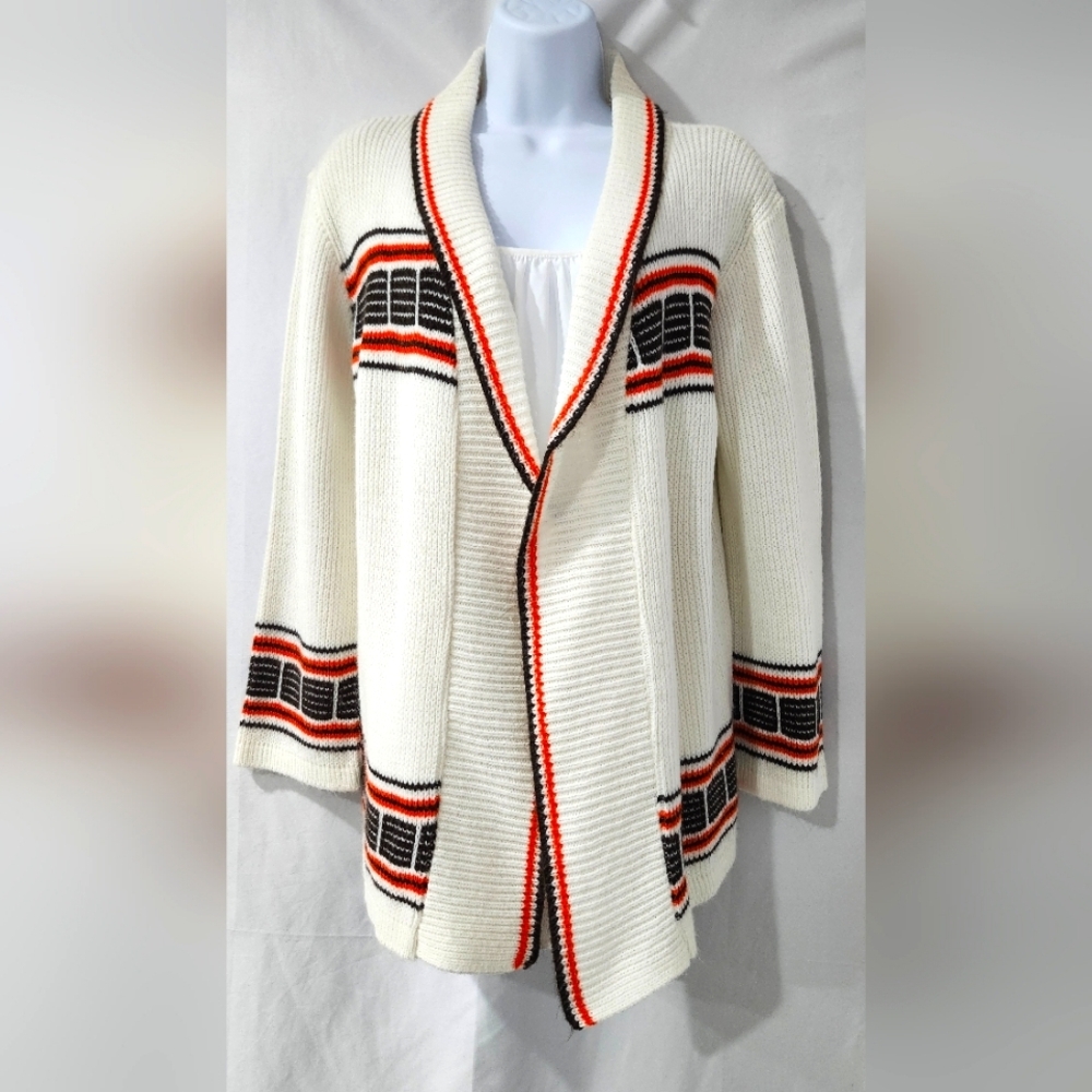 Brown Orange Geometric Women's Open Front Cardigan Size Medium (?) 70s 80s Retro